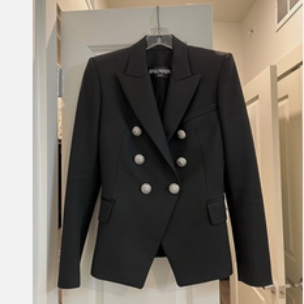 Balmain Double Breasted Wool Blazer Black Silver Buttons Size 36
